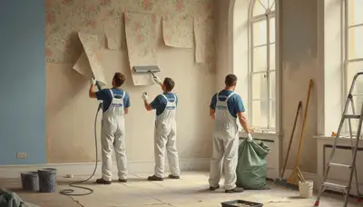 Sacramento, CA wallpaper removal professionals safely removing old wallpaper and adhesive from a wall